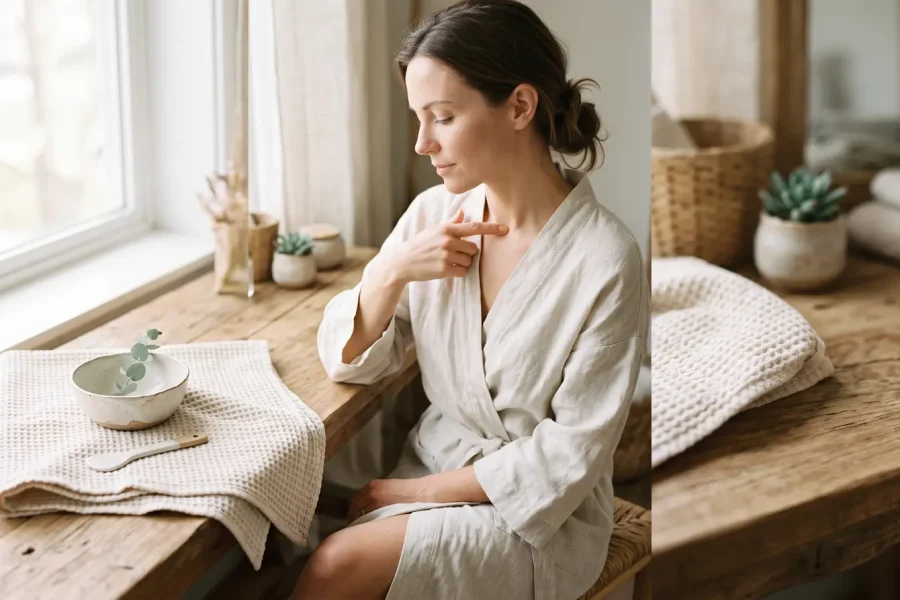 Mulher de roupão claro sentada à mesa de madeira, tocando suavemente a região do pescoço e colo.