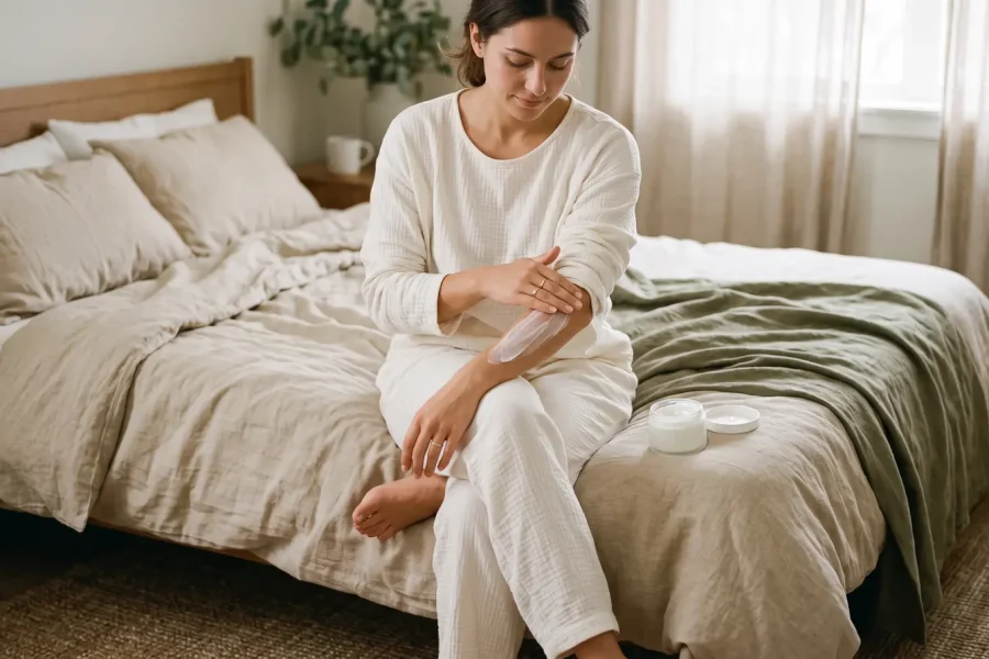Mulher sentada na cama aplicando creme hidratante no braço, com pote do produto ao seu lado.