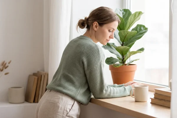 Mulher de blusa de tricô verde debruçada em parapeito de janela de madeira perto de uma planta e xícara de chá.