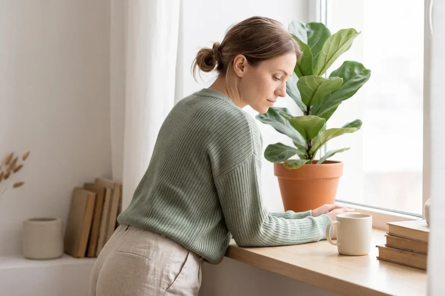 Mulher de blusa de tricô verde debruçada em parapeito de janela de madeira perto de uma planta e xícara de chá.