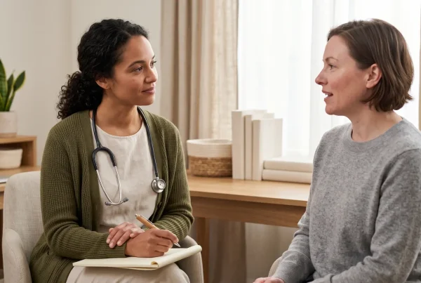 Médica com estetoscópio e bloco de notas conversa com paciente em consultório iluminado e acolhedor.