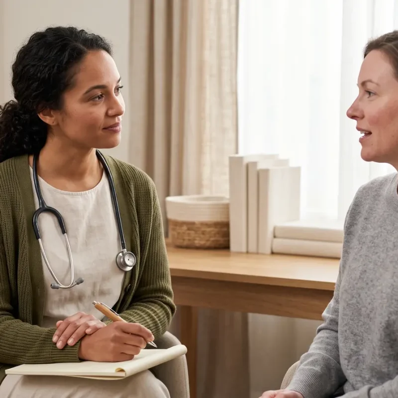 Médica com estetoscópio e bloco de notas conversa com paciente em consultório iluminado e acolhedor.