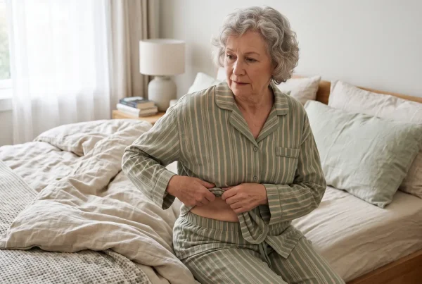 Mulher idosa sentada na cama examinando a região lateral da cintura por baixo da blusa do pijama.