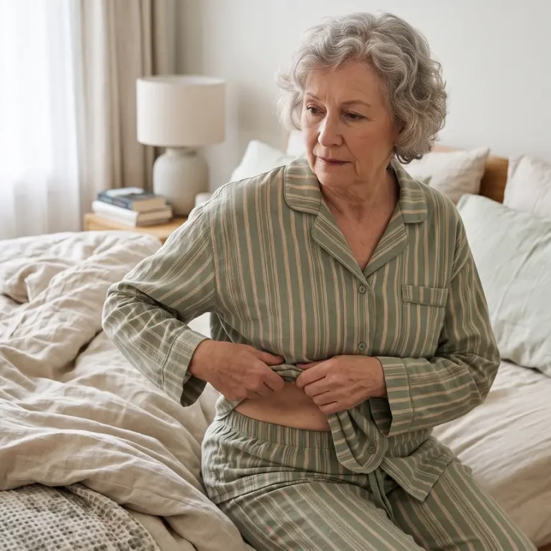 Mulher idosa sentada na cama examinando a região lateral da cintura por baixo da blusa do pijama.